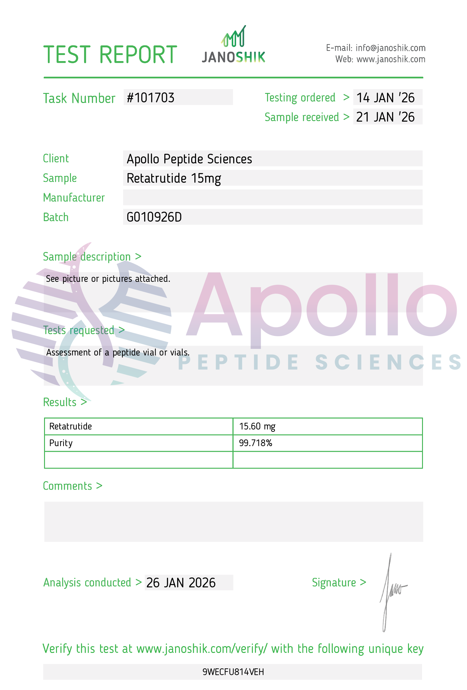 Test Report GLP-3 R 15mg Peptides by Apollo Peptide Sciences