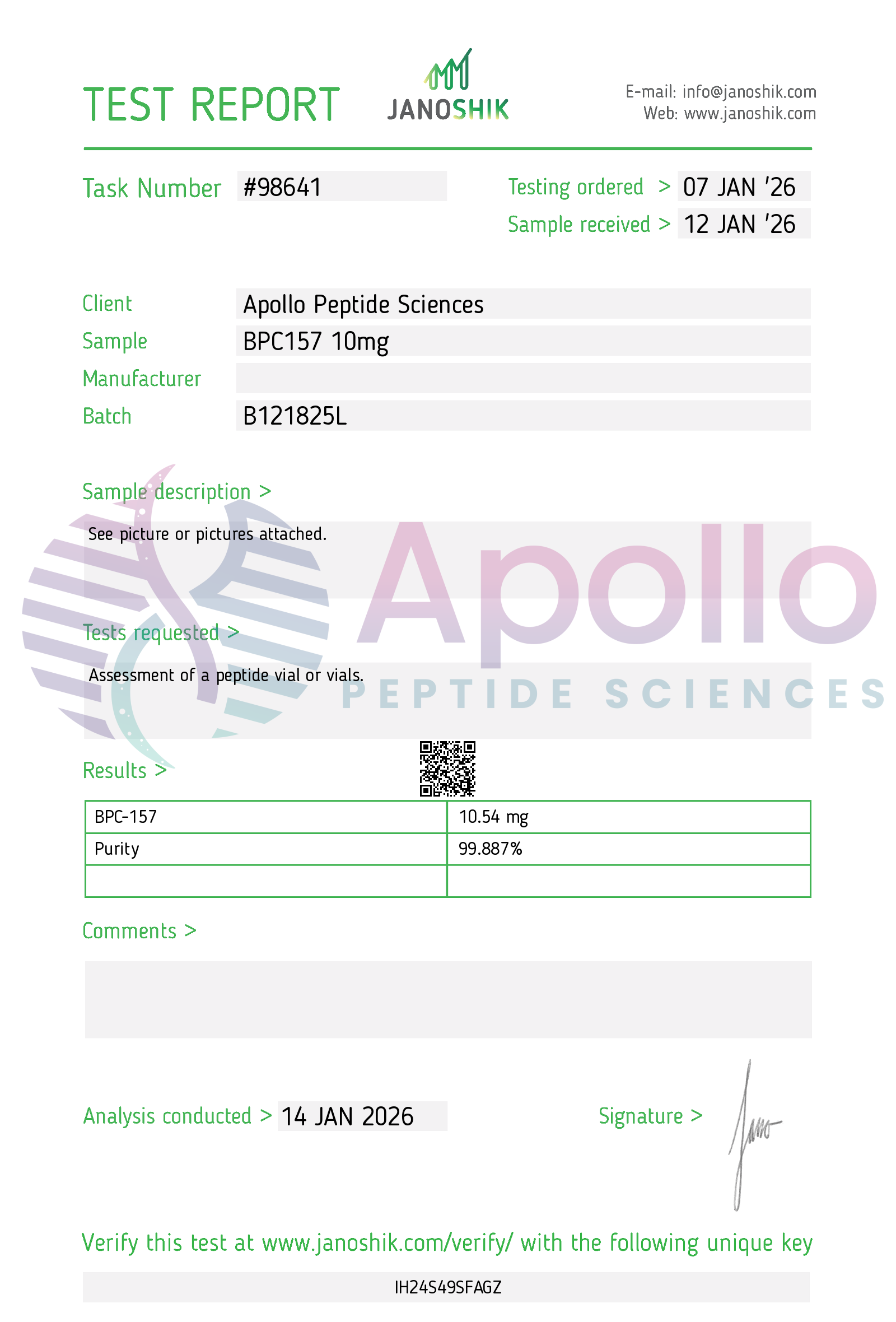 Test Report BPC157 10mg Peptides by Apollo Peptide Sciences